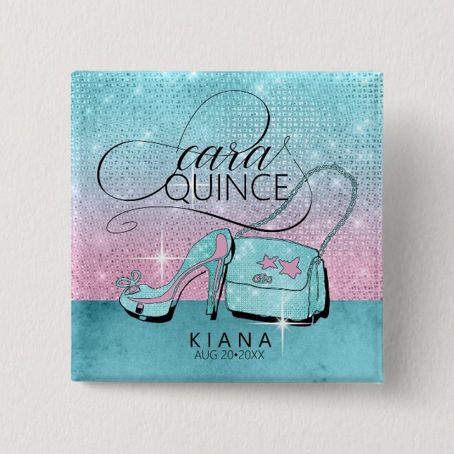 Glitter and Shine Quinceanera V2 Teal/Pink ID701 2 Inch Square Button (Front)