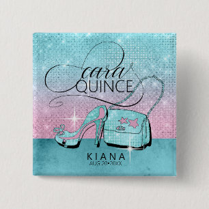 Glitter and Shine Quinceanera V2 Teal/Pink ID701 2 Inch Square Button