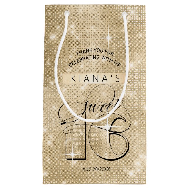 Glitter and Shine Sweet 16 Gold ID675 Small Gift Bag (Front)