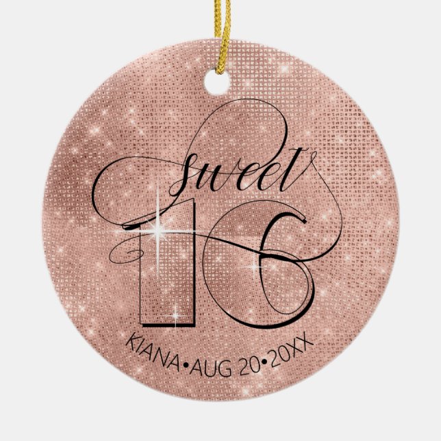 Glitter and Shine Sweet 16 Rose Gold ID675 Ceramic Ornament (Front)