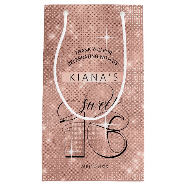 Glitter and Shine Sweet 16 Rose Gold ID675 Small Gift Bag (Front)