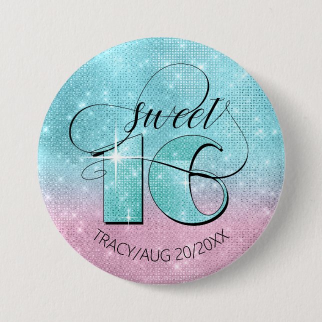 Glitter and Shine Sweet 16 Teal/Pink ID675 3 Inch Round Button (Front)