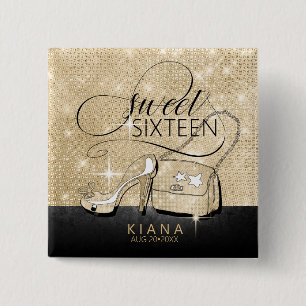 Glitter and Shine Sweet 16 V2 Black/Gold ID675 2 Inch Square Button