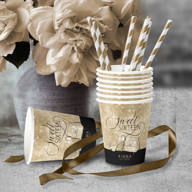 Glitter and Shine Sweet 16 V2 Black/Gold ID675 Paper Cups (Creator Uploaded)