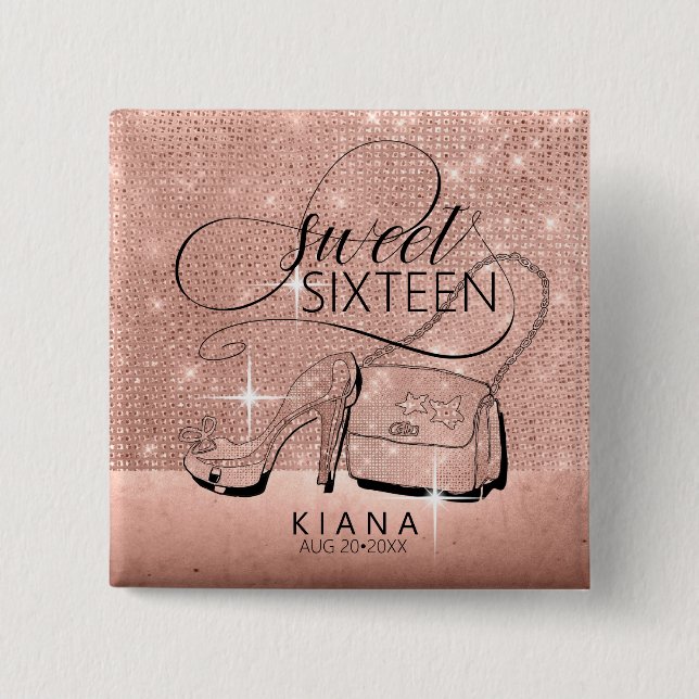 Glitter and Shine Sweet 16 V2 Rose Gold ID675 2 Inch Square Button (Front)