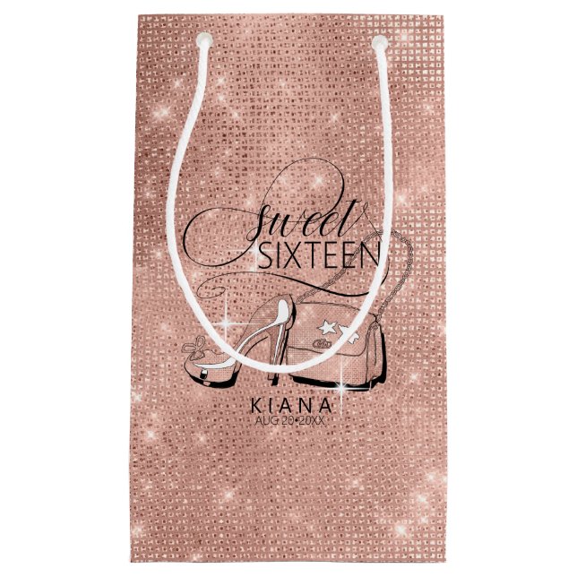 Glitter and Shine Sweet 16 V2 Rose Gold ID675 Small Gift Bag (Front)