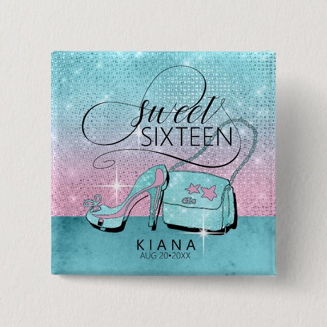 Glitter and Shine Sweet 16 V2 Teal/Pink ID675 2 Inch Square Button (Front)