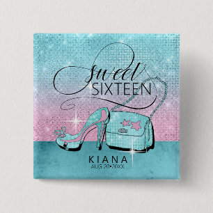 Glitter and Shine Sweet 16 V2 Teal/Pink ID675 2 Inch Square Button