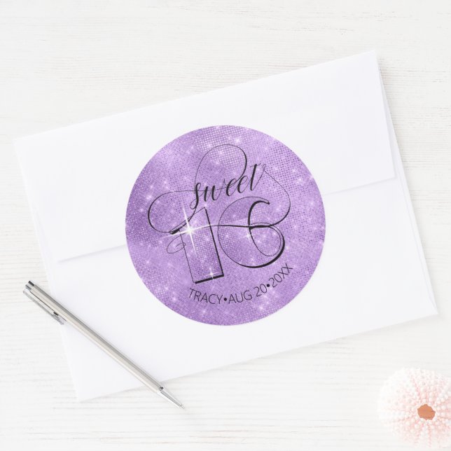 Glitter and Shine Sweet 16 Violet ID675 Classic Round Sticker (Envelope)