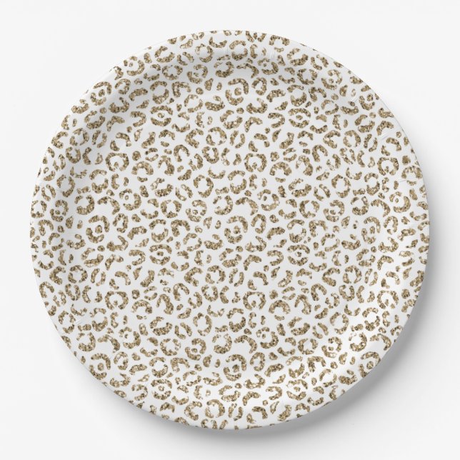 Glitter Antique Gold Leopard Print      Paper Plate (Front)