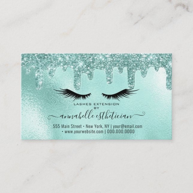 Glitter Aqua Eyelash Extension Appointment Business Card (Front)