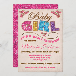 Glitter Baby Girl Vintage Baby Shower Invitations