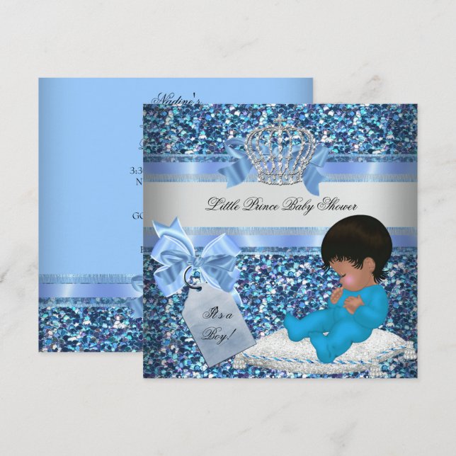 Glitter Baby Shower Boy Blue Little Prince Crown 2 Invitation (Front/Back)