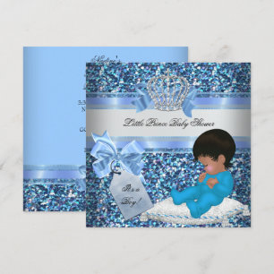 Glitter Baby Shower Boy Blue Little Prince Crown 2 Invitation