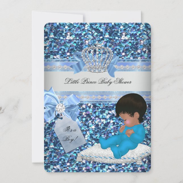 Glitter Baby Shower Boy Blue Little Prince Crown 3 Invitation (Front)