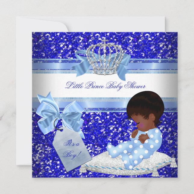 Glitter Baby Shower Boy Blue Little Prince Ethnic Invitation (Front)