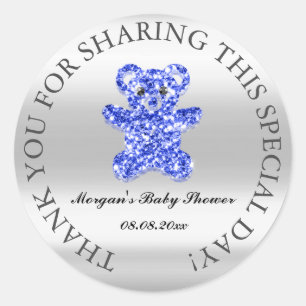 Glitter Baby Shower Favour Thank Blue Royal Bear Classic Round Sticker