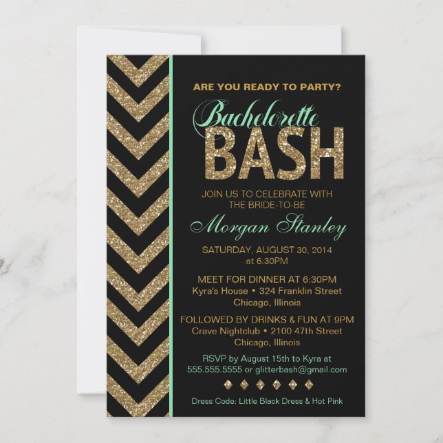 Glitter Bachelorette Bash Party Invitation MINT (Front)