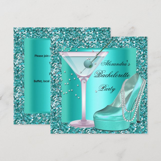 Glitter Bachelorette Party Aqua Teal Blue Invitation (Front/Back)
