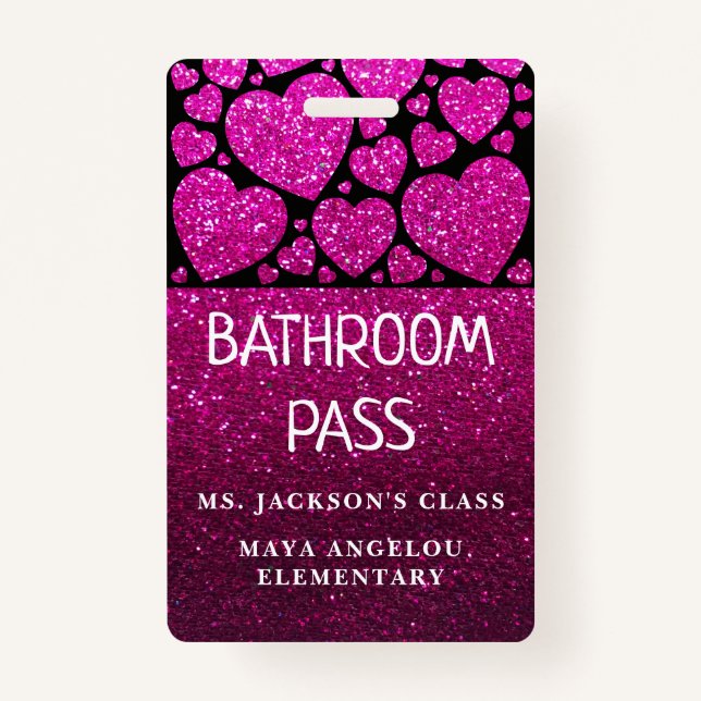 Glitter Back To School Hearts Bathroom Hall Pass Badge (Back)