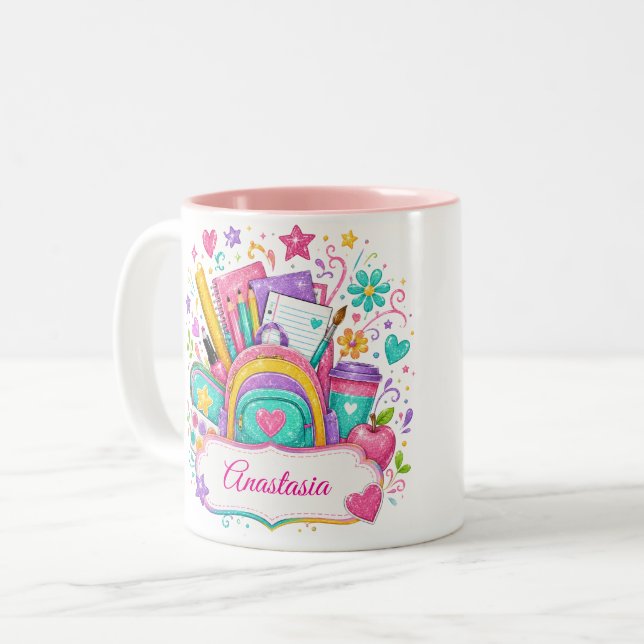 Glitter Backpack School Supplies Back to School Two-Tone Coffee Mug (Front Left)