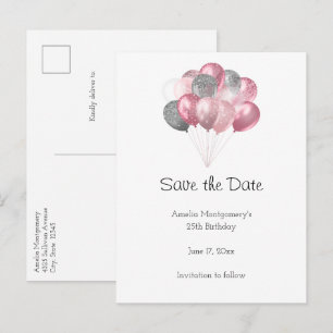 Glitter Balloon Bunch Pink and Silver Announcement Postcard