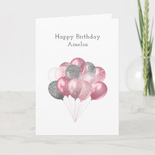 Glitter Balloon Bunch Pink and Silver Birthday Card