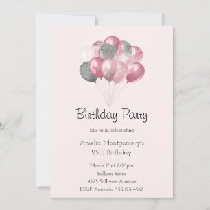 Glitter Balloon Bunch Pink and Silver Birthday Invitation