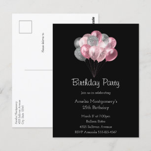 Glitter Balloon Bunch Pink and Silver Birthday Postcard