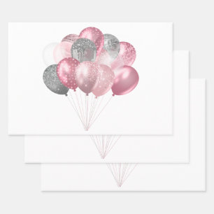Glitter Balloon Bunch Pink and Silver Wrapping Paper Sheet