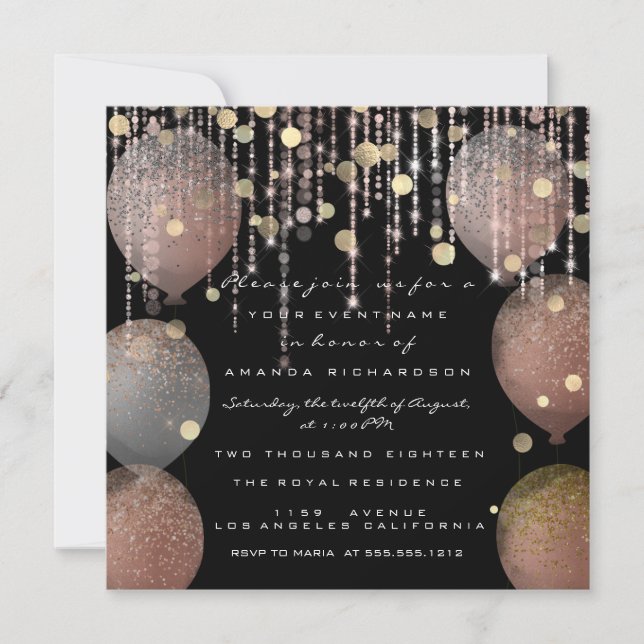 Glitter Balloon Rose Gold  Bridal Sweet 16th Black Invitation (Front)