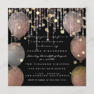 Glitter Balloon Rose Gold  Bridal Sweet 16th Black Invitation