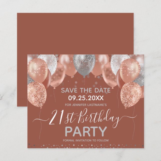 Glitter Balloons 21st Birthday Party Save the Date (Front/Back)