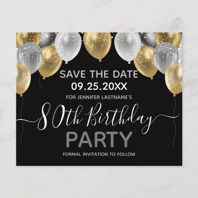 Glitter Balloons 80th Birthday Party Save the Date (Front)