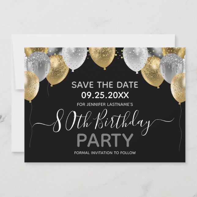 Glitter Balloons 80th Birthday Party Save the Date Invitation (Front)