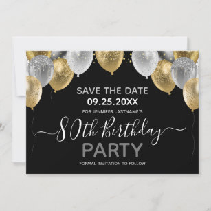 Glitter Balloons 80th Birthday Party Save the Date Invitation