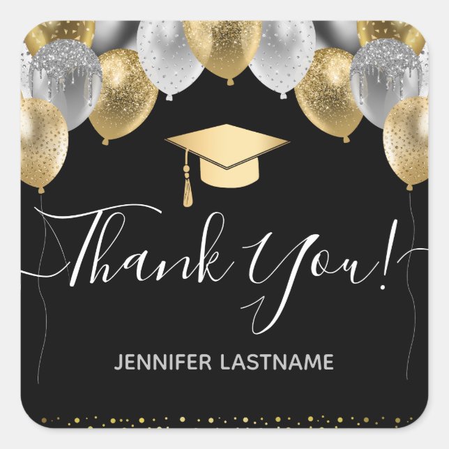 Glitter Balloons Graduation Party Thank You Square Sticker (Front)
