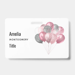 Glitter Balloons Pink and Silver Badge