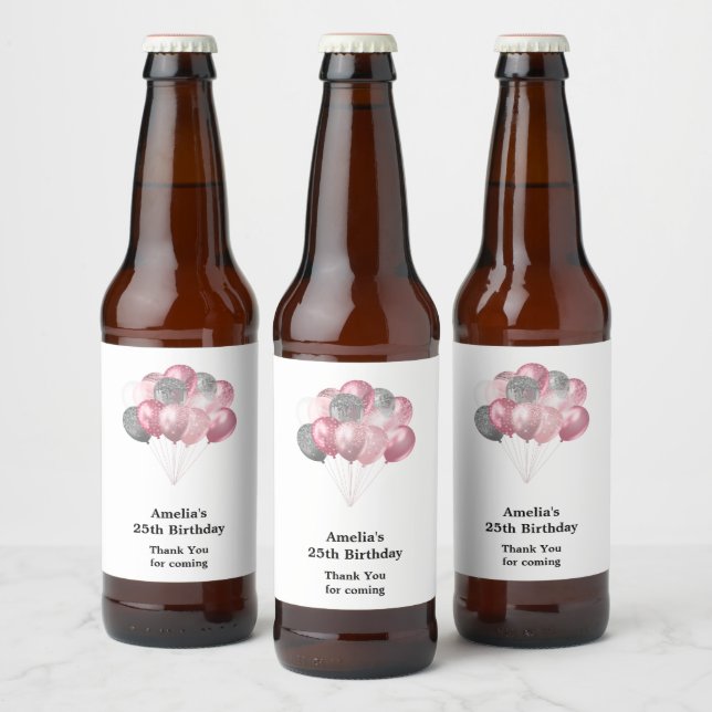 Glitter Balloons Pink and Silver Birthday Beer Bottle Label (Bottles)