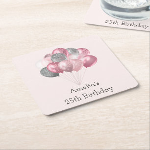 Glitter Balloons Pink and Silver Birthday Square Paper Coaster