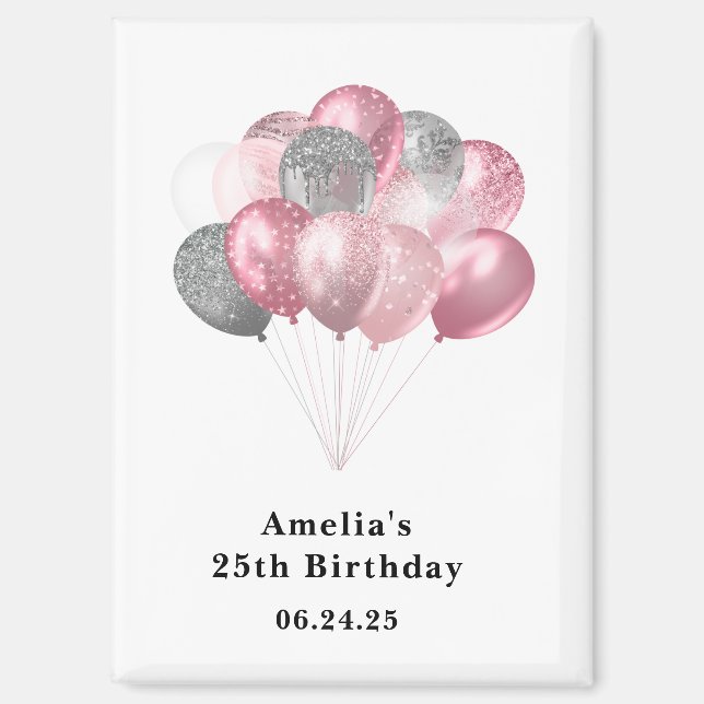 Glitter Balloons Pink and Silver Save the Date Magnet (Front)