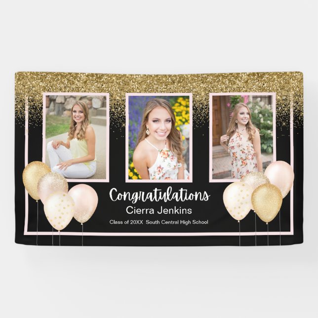 Glitter Balloons Three Photos Graduation Banner (Horizontal)