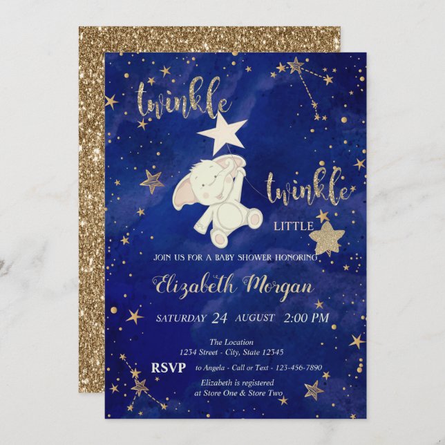 Glitter Bear Twinkle Little Star Gold Baby Shower Invitation (Front/Back)