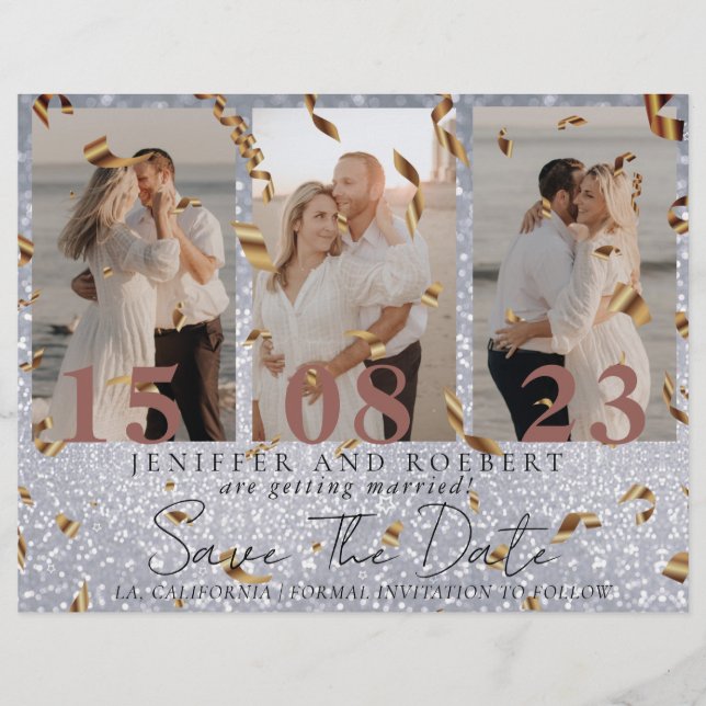 Glitter Beautiful Photo Collage Save the Date Card (Front)
