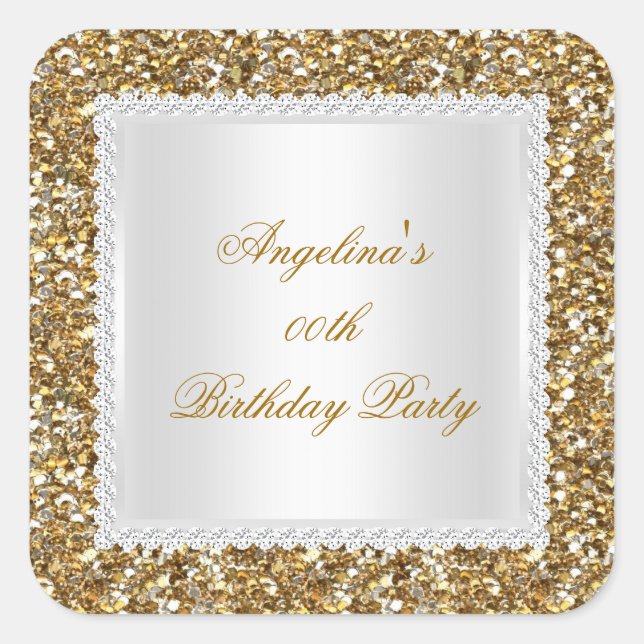 Glitter Birthday Party Gold Diamond Trim Any Age Square Sticker (Front)