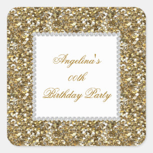 Glitter Birthday Party Gold Diamond Trim Any Age Square Sticker