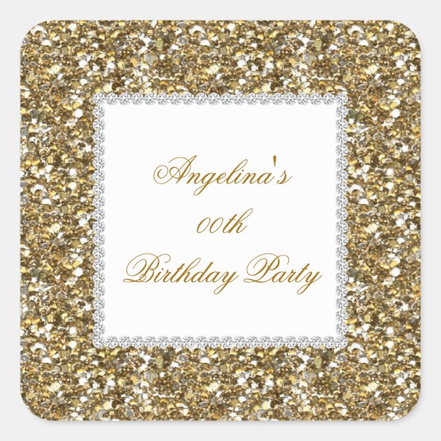 Glitter Birthday Party Gold Diamond Trim Any Age Square Sticker (Front)