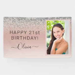 Glitter Birthday Photo Pink Silver Girly Rose Gold Banner