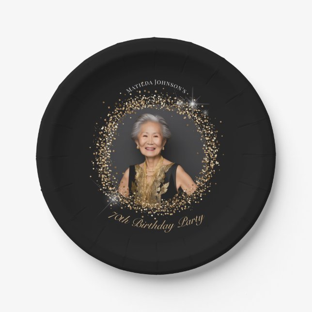 Glitter Black Gold 70th Birthday Party Paper Plate (Front)