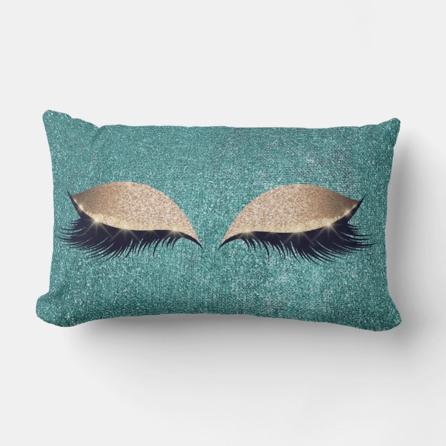 Glitter Black Makeup Eye Lashes Teal Gold Eye Lumbar Pillow (Front)